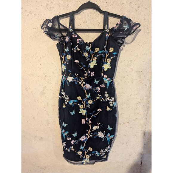 Lipsy London US 6 Floral Embroidered Navy Off-Shoulder Dress bodycon party - Picture 1 of 5